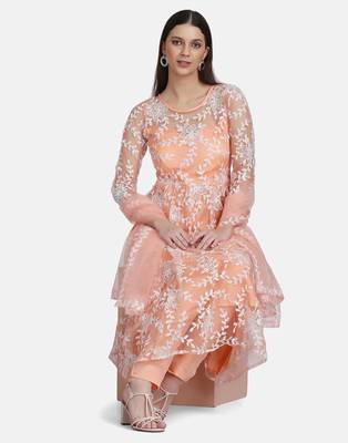 Peach Net Embroidery Work Anarkali Suit With Dupatta For Women  5