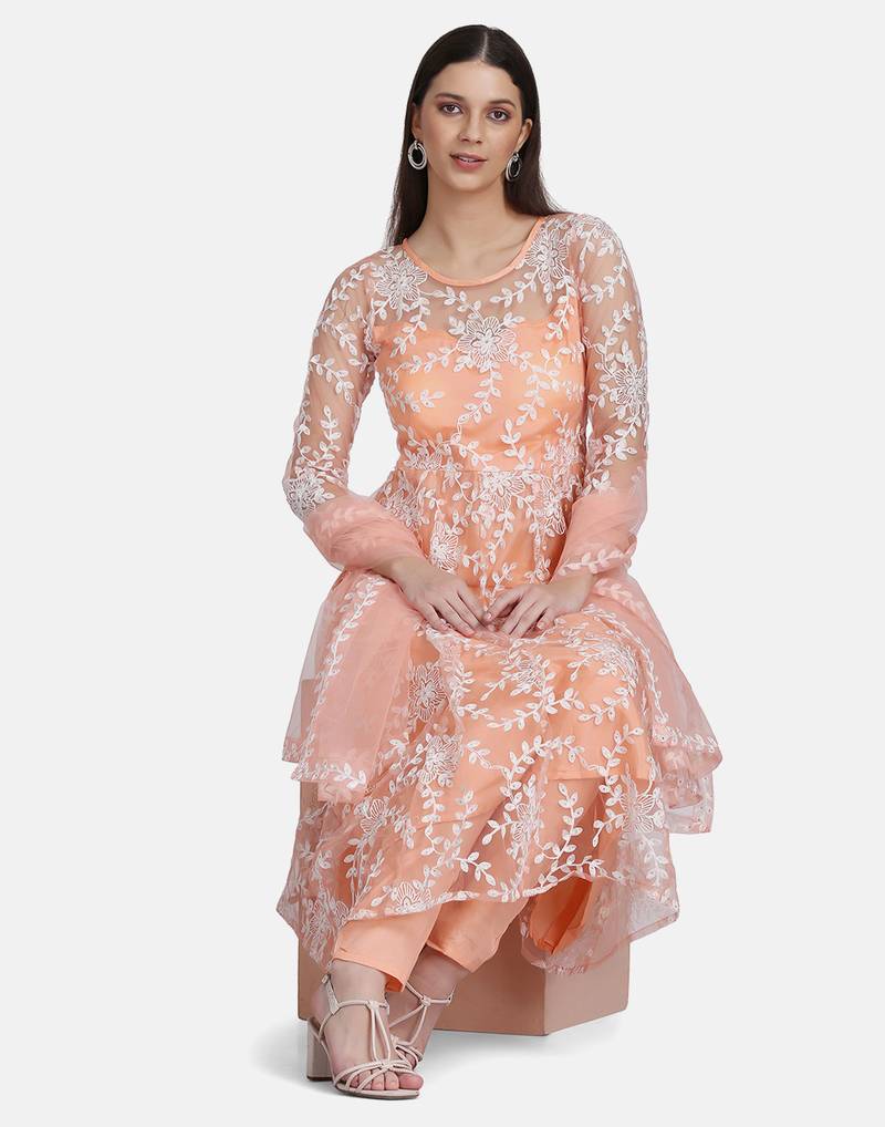 Peach Net Embroidery Work Anarkali Suit With Dupatta For Women 
