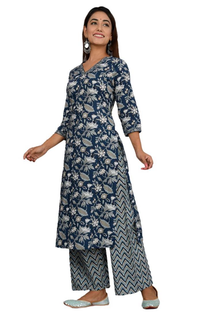 Navy-blue woven cotton combo-kurtis