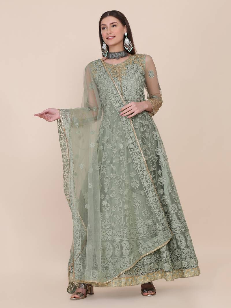 Light Green Net Embroidery Work Anarkali Suit With Dupatta For Women