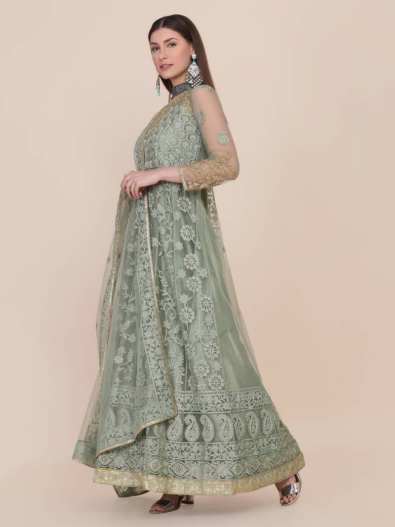 Light Green Net Embroidery Work Anarkali Suit With Dupatta For Women