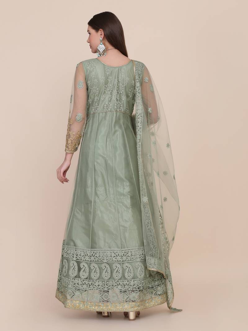 Light Green Net Embroidery Work Anarkali Suit With Dupatta For Women