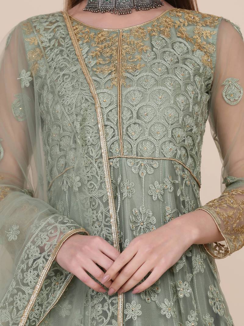 Light Green Net Embroidery Work Anarkali Suit With Dupatta For Women