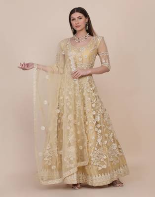 Cream Net Embroidery Work Anarkali Suit With Dupatta For Women 1