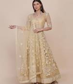 Cream Net Embroidery Work Anarkali Suit With Dupatta For Women