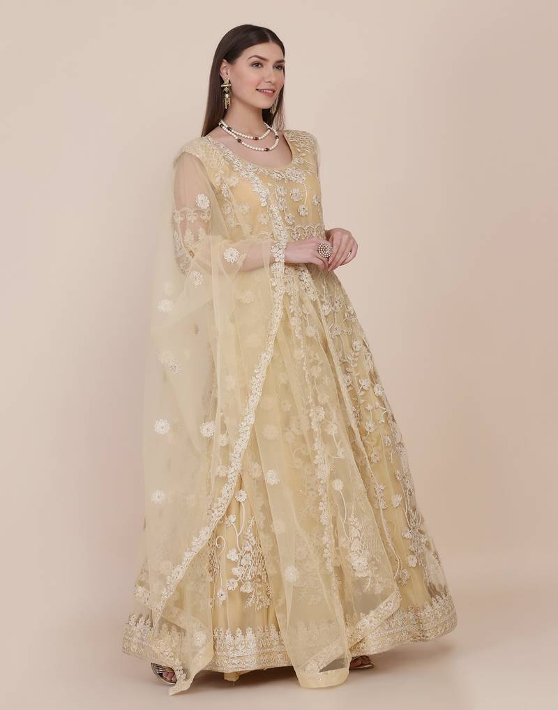 Cream Net Embroidery Work Anarkali Suit With Dupatta For Women