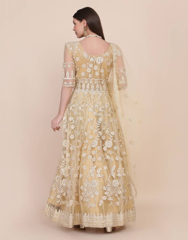 Cream Net Embroidery Work Anarkali Suit With Dupatta For Women