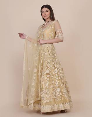 Cream Net Embroidery Work Anarkali Suit With Dupatta For Women 4