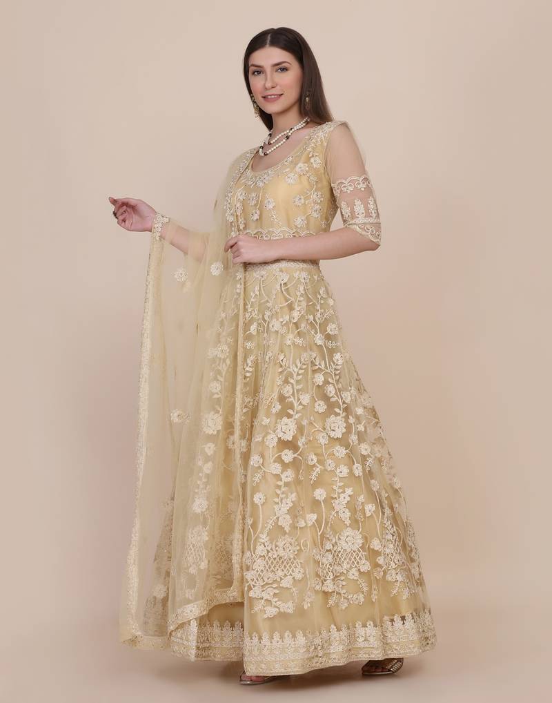 Cream Net Embroidery Work Anarkali Suit With Dupatta For Women