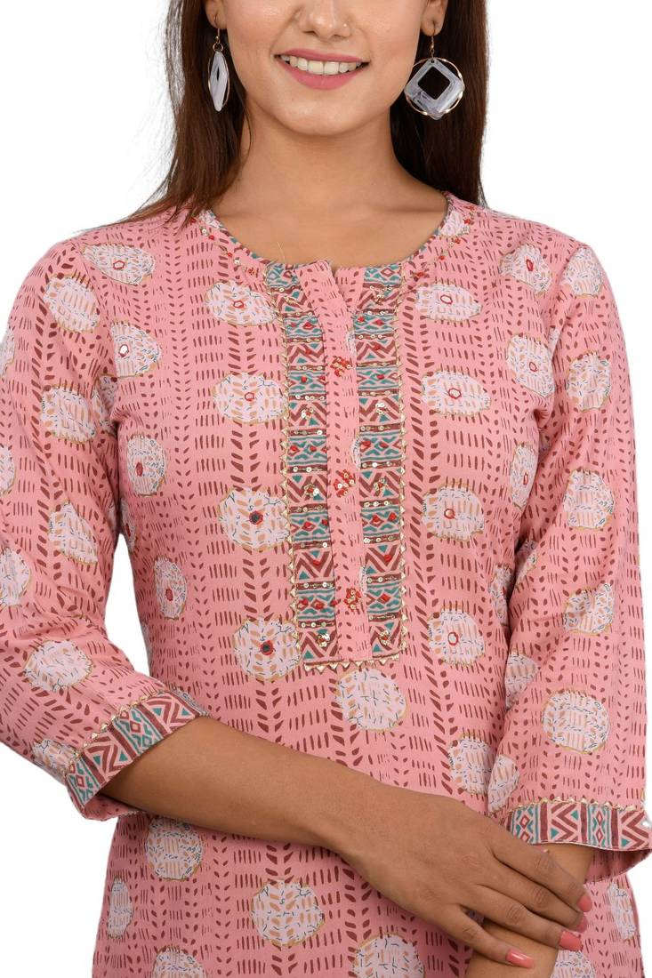Peach woven cotton kurtas-and-kurtis