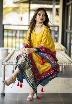 Yellow colour pure gaji silk bandhani kaftan 2