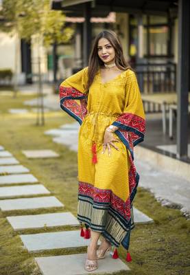 Yellow colour pure gaji silk bandhani kaftan 4