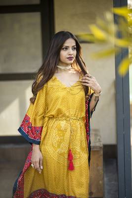 Yellow colour pure gaji silk bandhani kaftan 5
