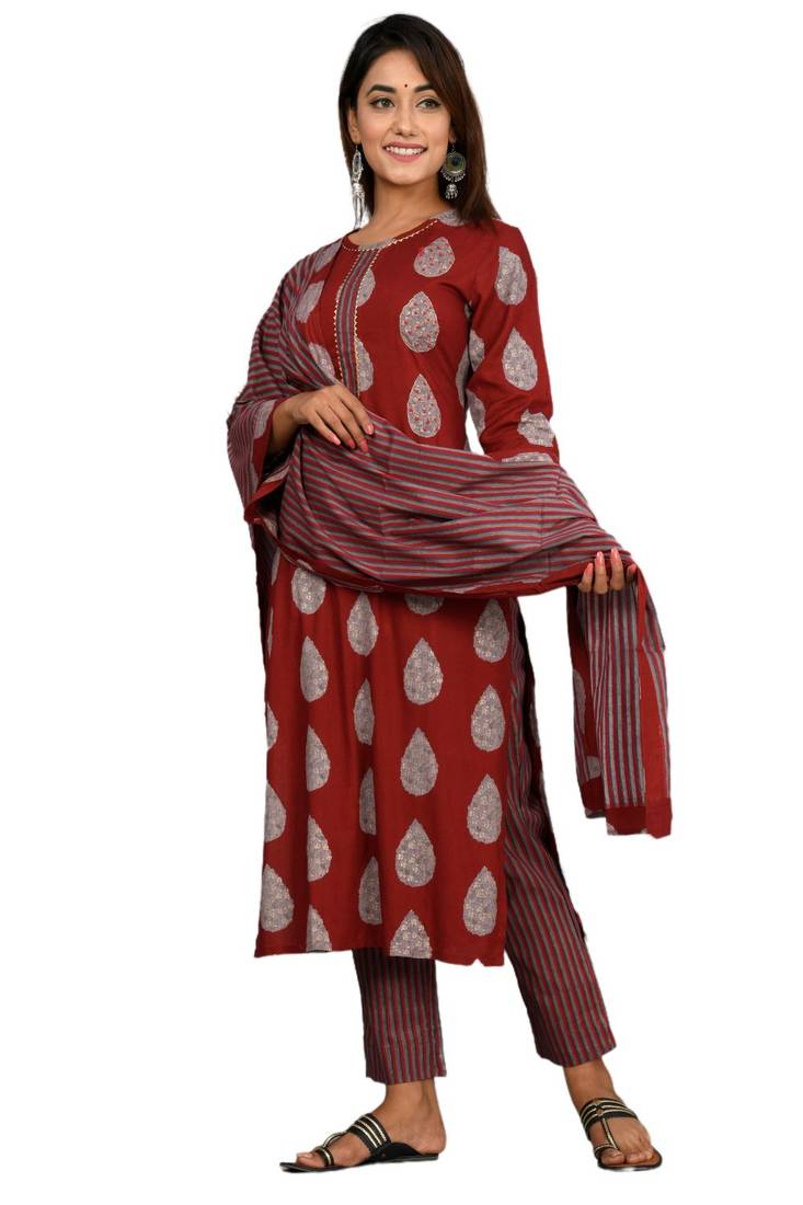 Maroon woven cotton combo-kurtis