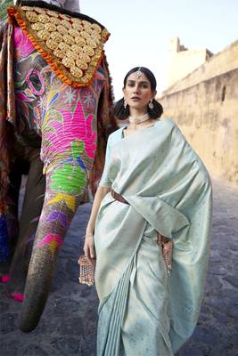 Sky blue woven silk saree with blouse 2
