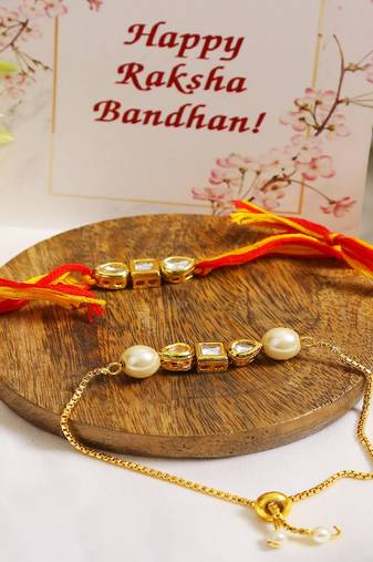 Gold-Toned Kundan Embellished Rakhi & Lumba Set of 2 