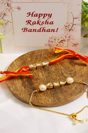 Gold-Toned Kundan Embellished Rakhi & Lumba Set of 2 