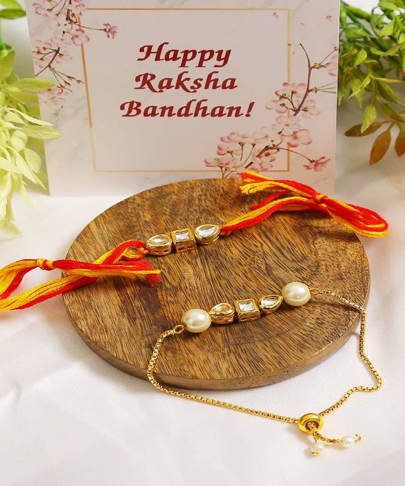 Gold-Toned Kundan Embellished Rakhi & Lumba Set of 2 