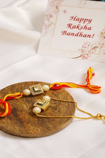 Handcrafted Studded Kundan Rakhi & Lumba Set Of 2
