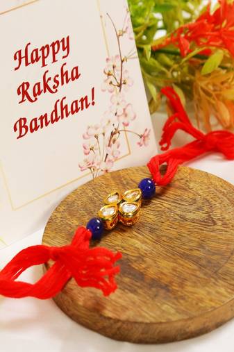Red Gold Toned Blue Beaded Kundan Rakhi