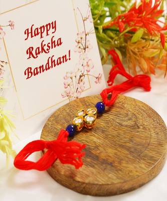 Red Gold Toned Blue Beaded Kundan Rakhi 1