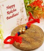 Red Gold Toned Blue Beaded Kundan Rakhi