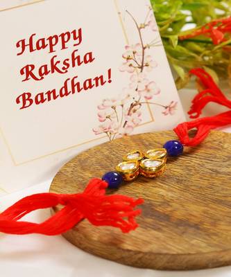 Red Gold Toned Blue Beaded Kundan Rakhi 2