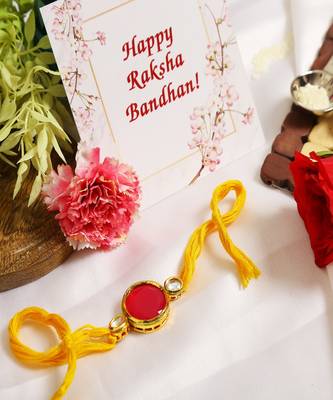Red Gold Tone Kundan Rakhi With Yellow Thread 1