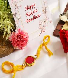 Red Gold Tone Kundan Rakhi With Yellow Thread