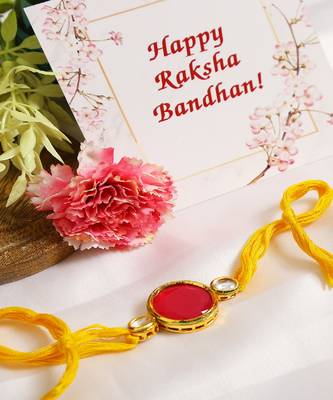 Red Gold Tone Kundan Rakhi With Yellow Thread 2