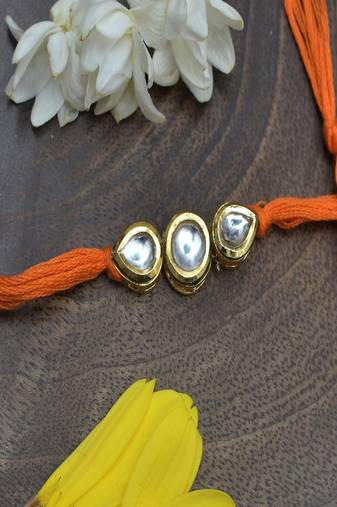 Orange Gold Tone Kundan Rakhi