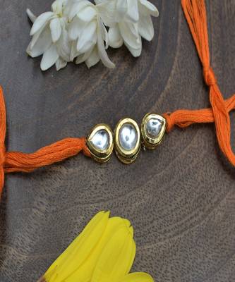 Orange Gold Tone Kundan Rakhi 1