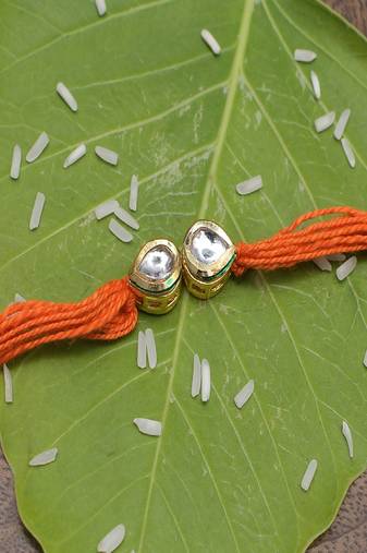Orange Gold Tone Kundan Rakhi