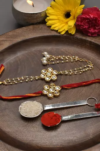 Handmade Kundan Rakhi & Lumba Set Of 2