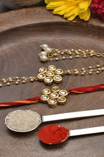 Handmade Kundan Rakhi & Lumba Set Of 2