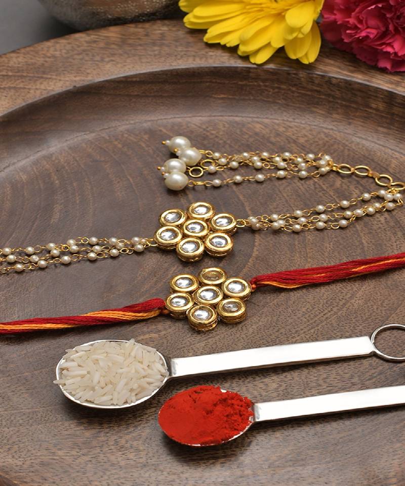 Handmade Kundan Rakhi & Lumba Set Of 2