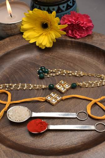 Handmade Kundan Rakhi & Lumba Set Of 2