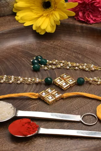 Handmade Kundan Rakhi & Lumba Set Of 2