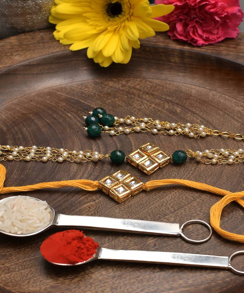Handmade Kundan Rakhi & Lumba Set Of 2