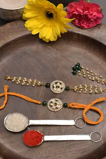 Handmade Kundan Rakhi & Lumba Set Of 2