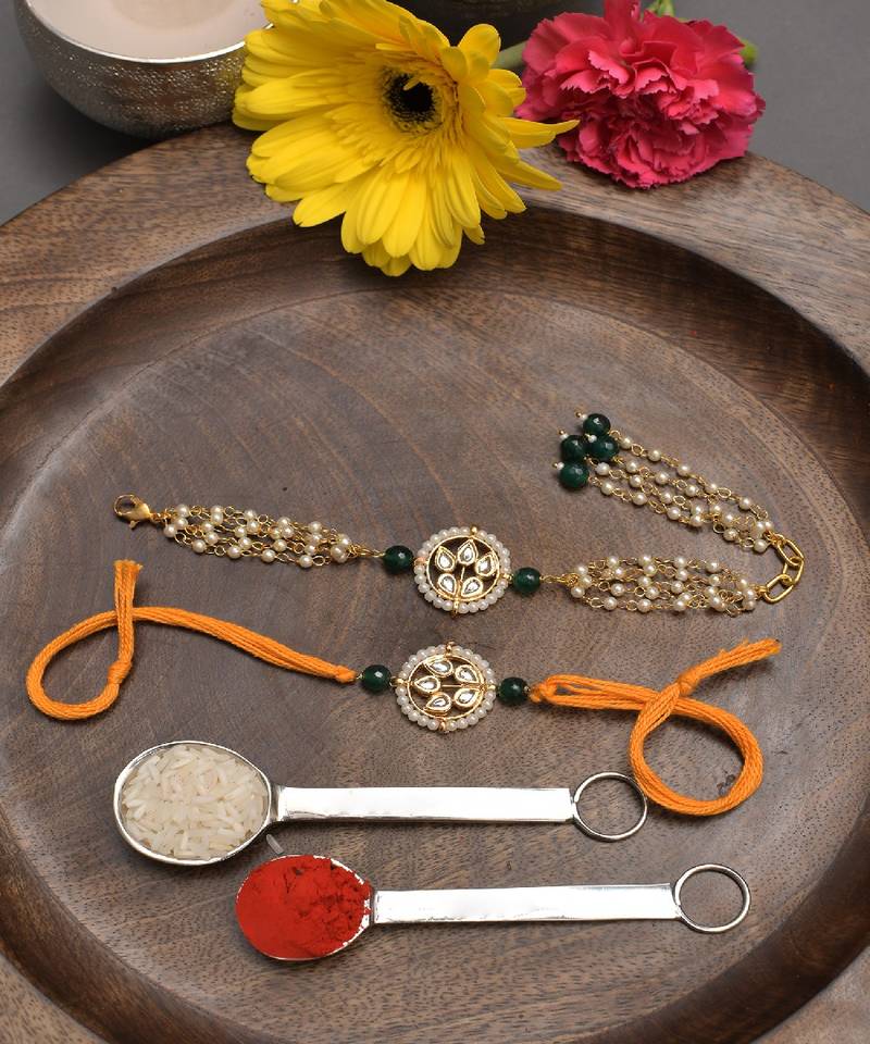 Handmade Kundan Rakhi & Lumba Set Of 2