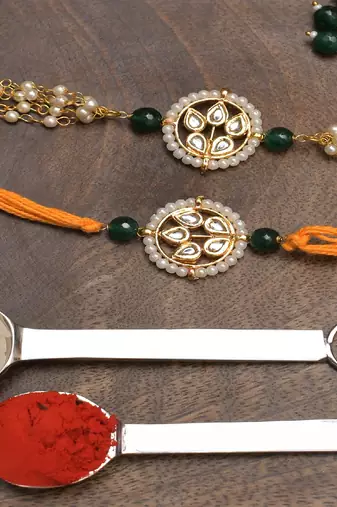 Handmade Kundan Rakhi & Lumba Set Of 2