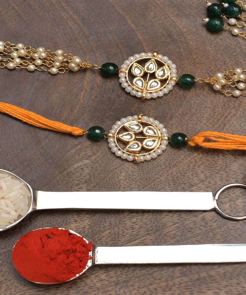 Handmade Kundan Rakhi & Lumba Set Of 2