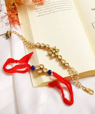 Gold-Toned Kundan Embellished Rakhi & Floral Lumba Set Of 2  1