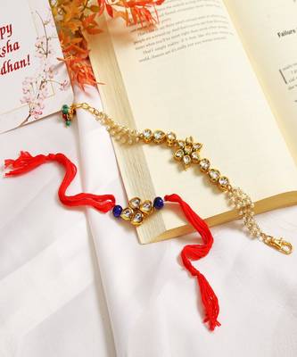 Gold-Toned Kundan Embellished Rakhi & Floral Lumba Set Of 2  2