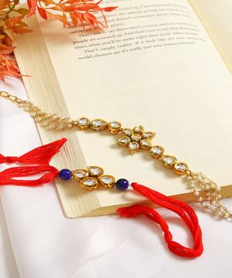Gold-Toned Kundan Embellished Rakhi & Floral Lumba Set Of 2  3