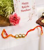 Gold Tone Kundan Rakhi With Red Yellow Cotton Thread