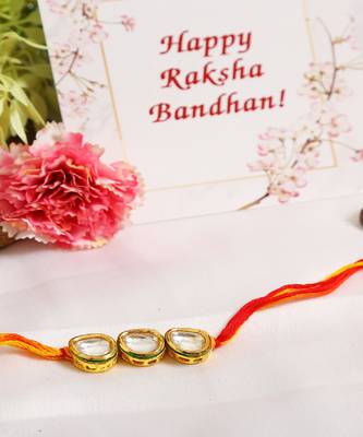 Gold Tone Kundan Rakhi With Red Yellow Cotton Thread 2