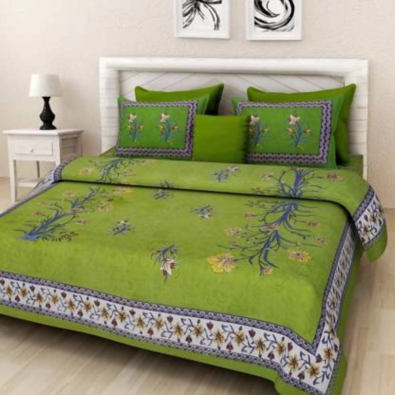 Jaipuri Sanganeri Prints Cotton Bed Sheet For Double Bed With Two