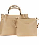 Beige Solid Handheld Bag with Sling Bag